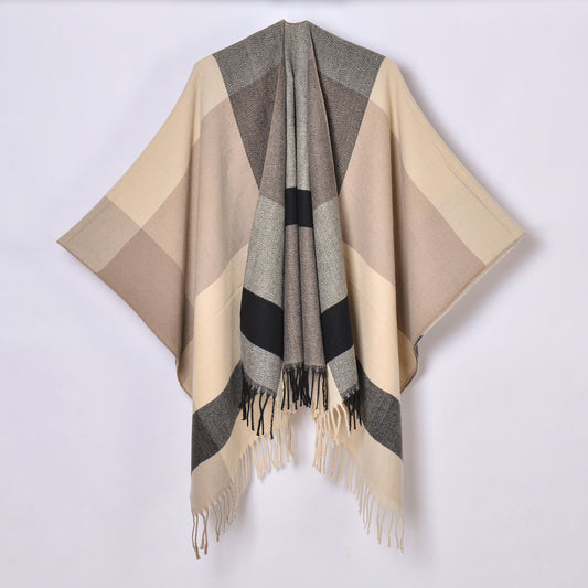 Women's Plaid Shawl, Autumn Winter Classic Jacquard Tassel